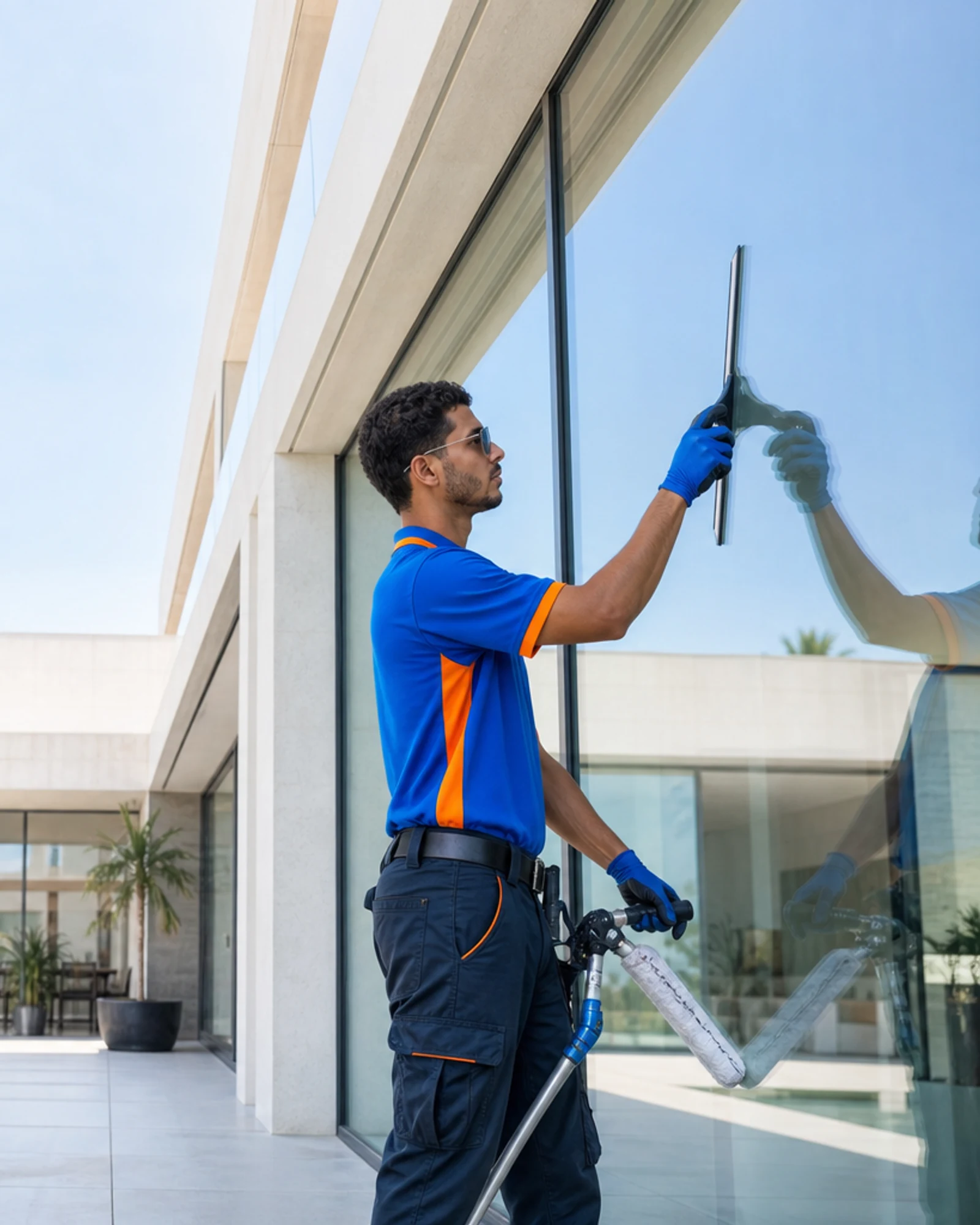 Technicien NettoPro Maroc en uniforme professionnel nettoyant les vitres d'une villa de luxe moderne à Casablanca